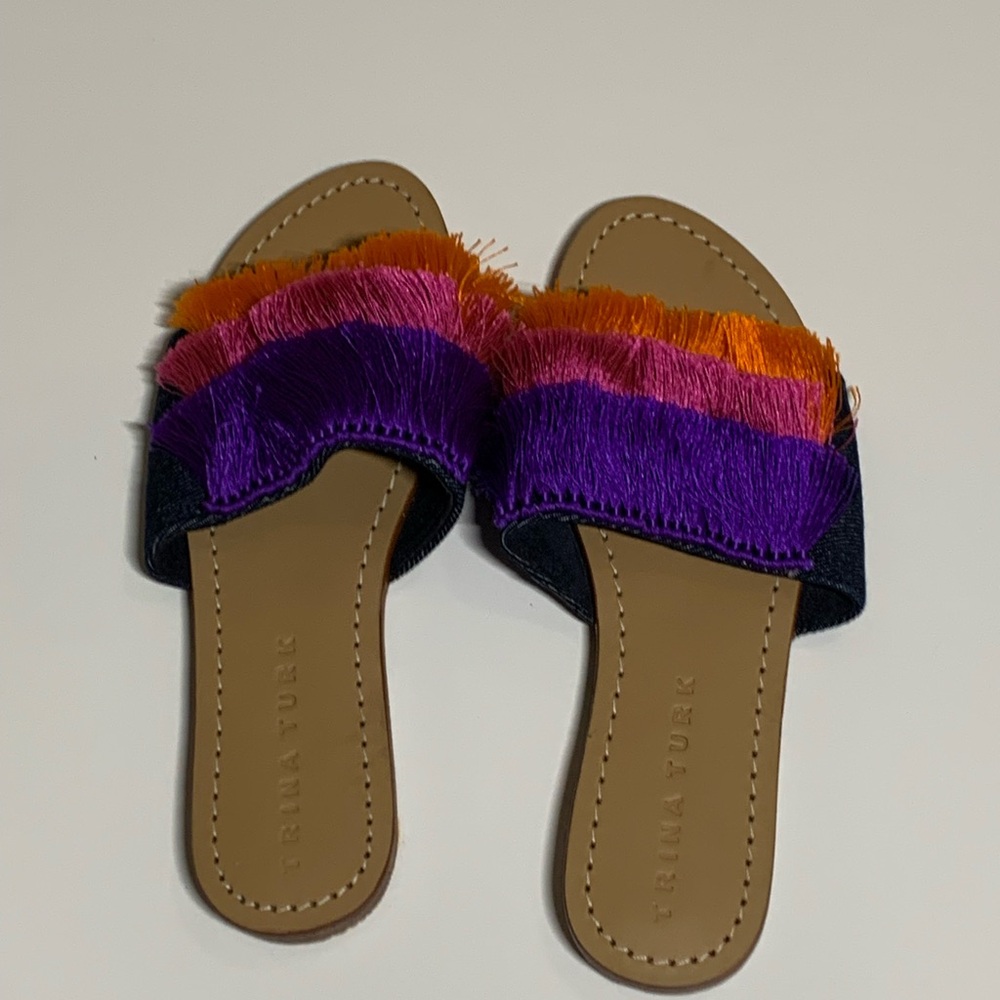 Trina Turk Sandals Vibrant Orange and Purple Fringe Boho Slides Size 6 Vacation